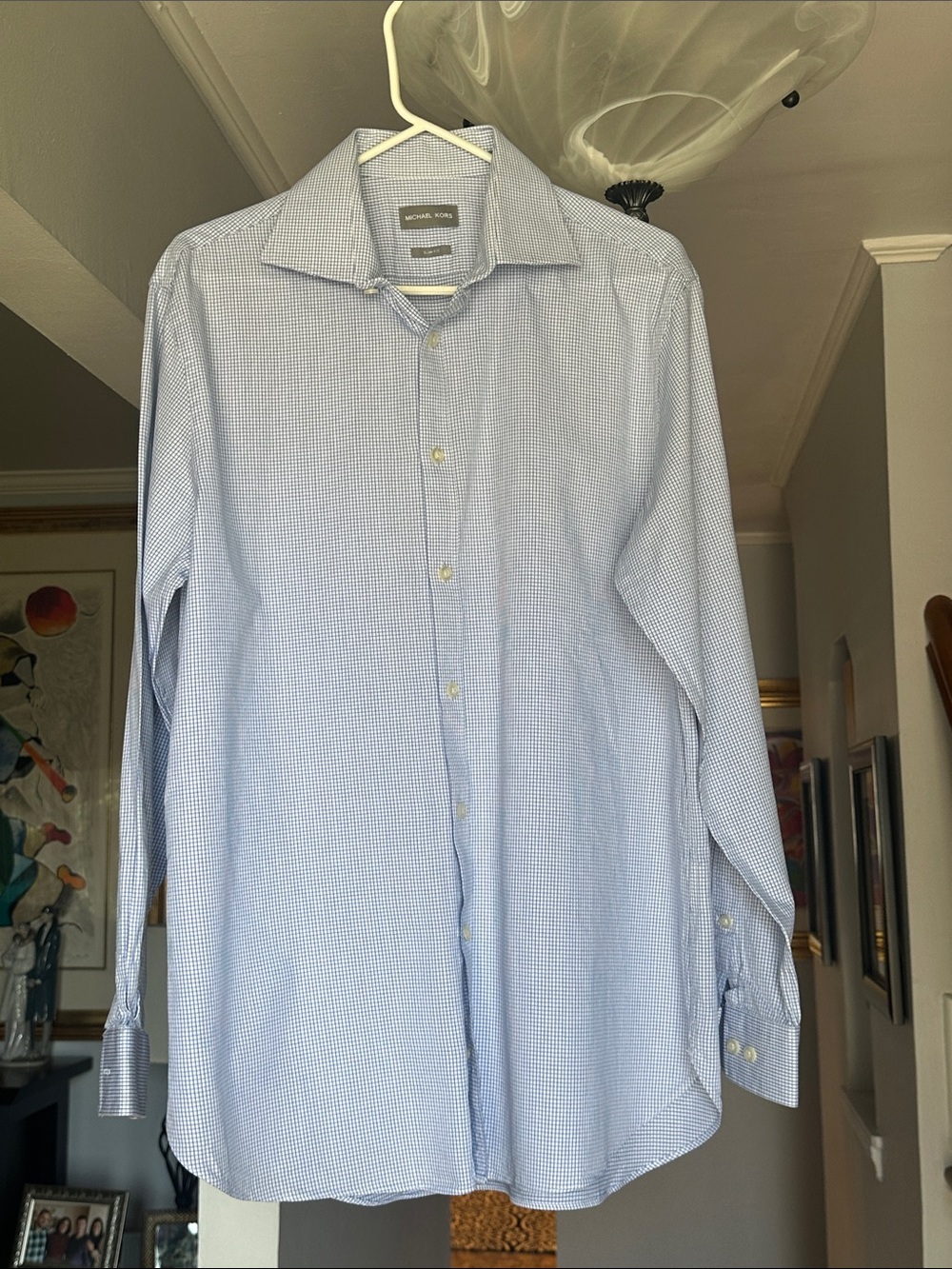 Michael Kors Men's Slim Fit Light Blue Micro-Check Dress Shirt Sz L